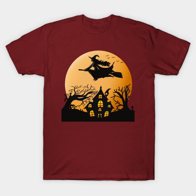 Creepy Witch With Broom Halloween T-shirt T-Shirt by AYOUCHKA